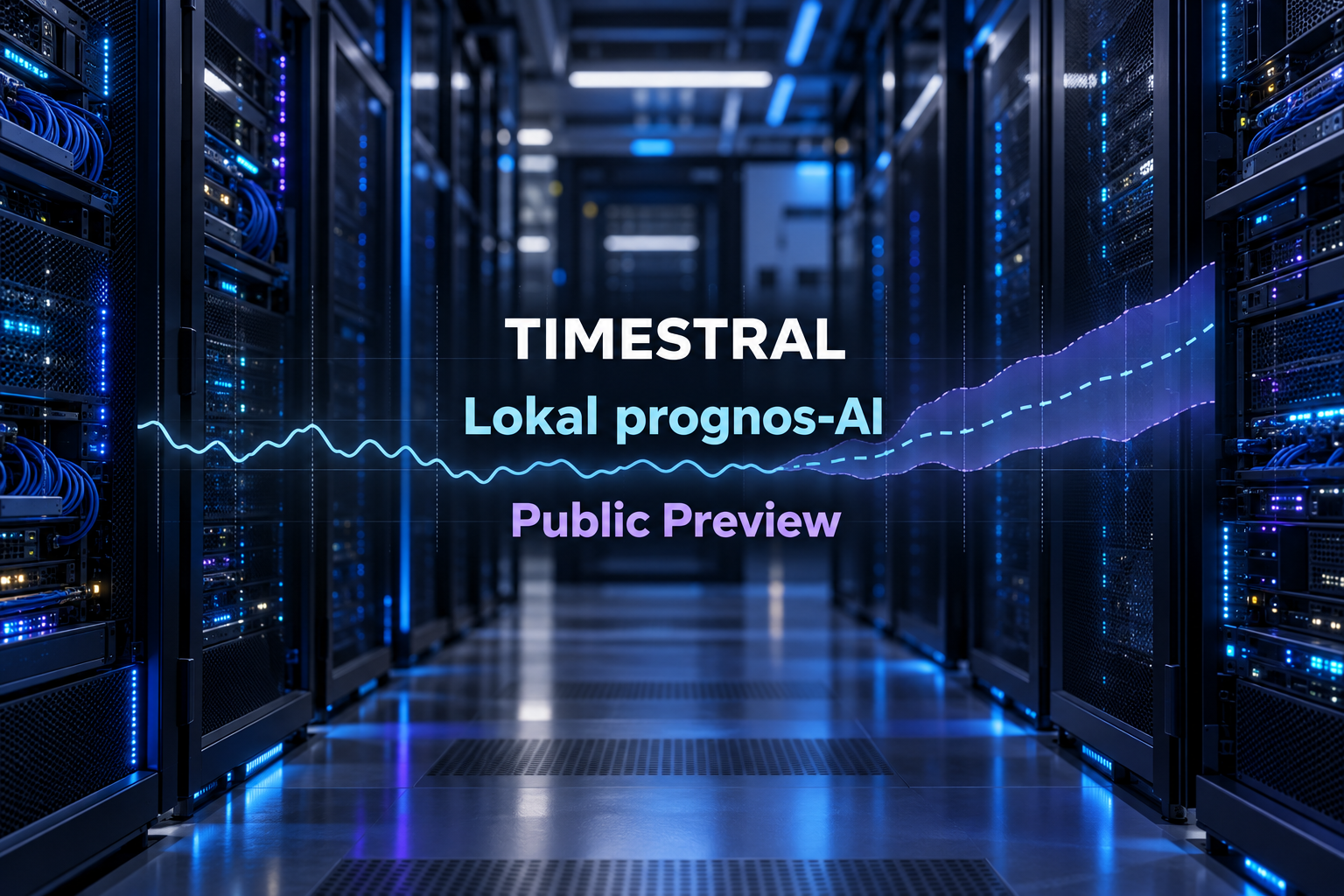 Timestral och lokal prognos-AI i Public Preview, illustrerat med en tidsserie och osäkerhetsband över datacenterservrar.