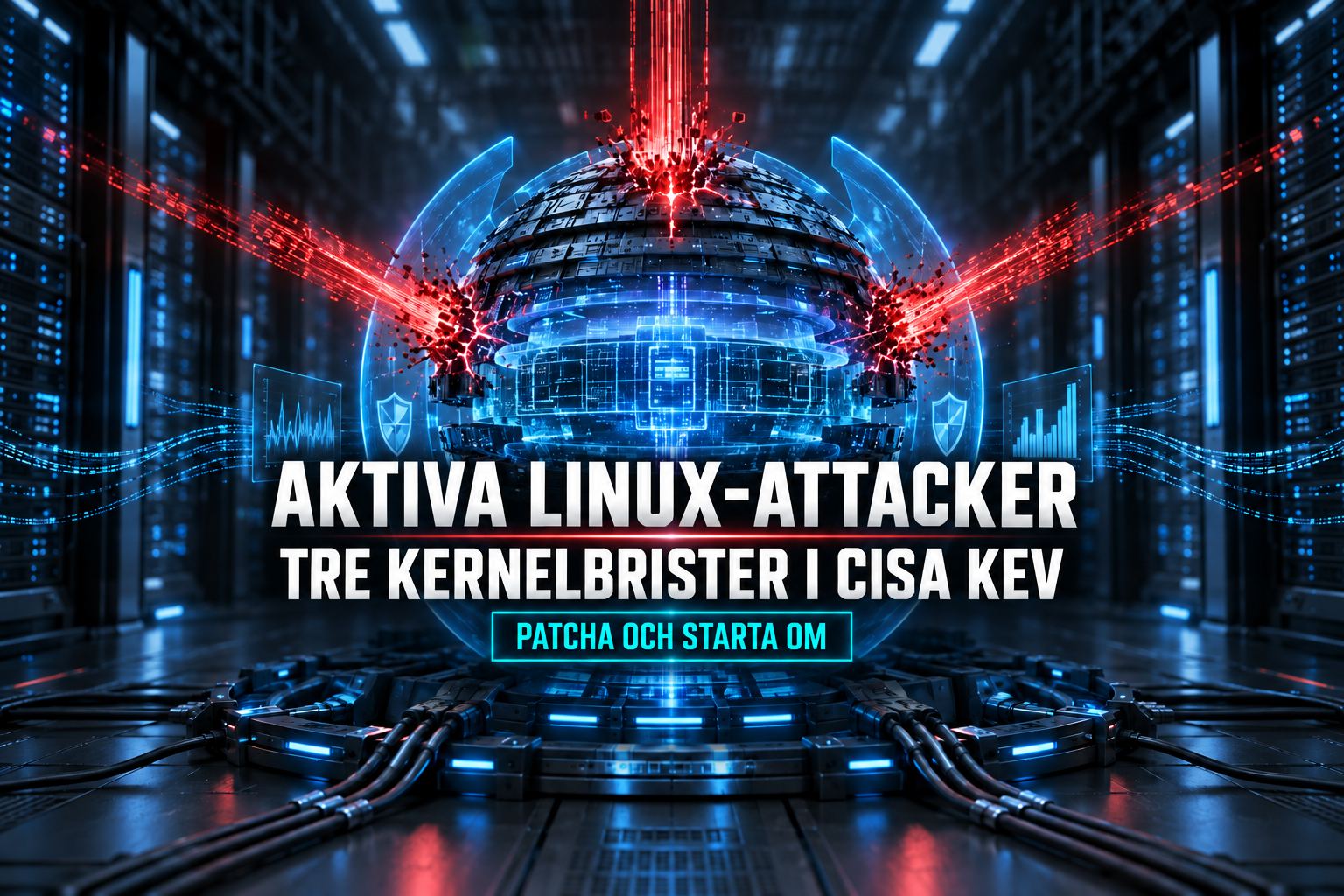 Rubriken Aktiva Linux-attacker framför en central kernelkärna som träffas av tre röda attackvägar i ett serverrum.