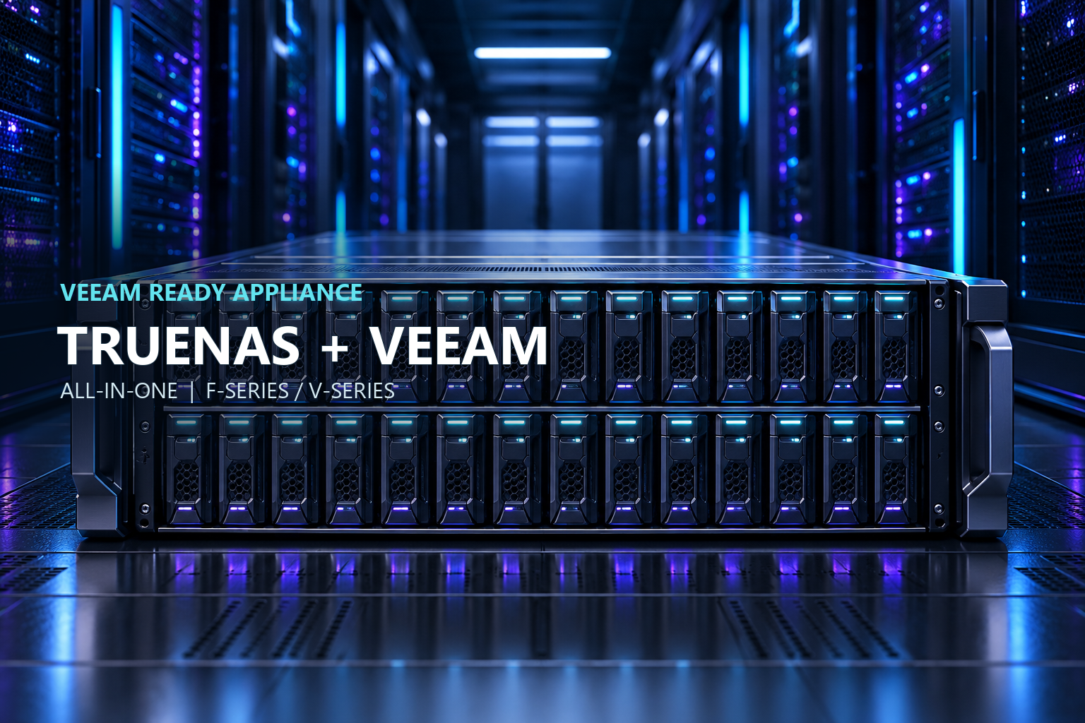 Serverrack i mörkt datacenter med ämnesrubriken TrueNAS och Veeam All-in-one för F-Series och V-Series.