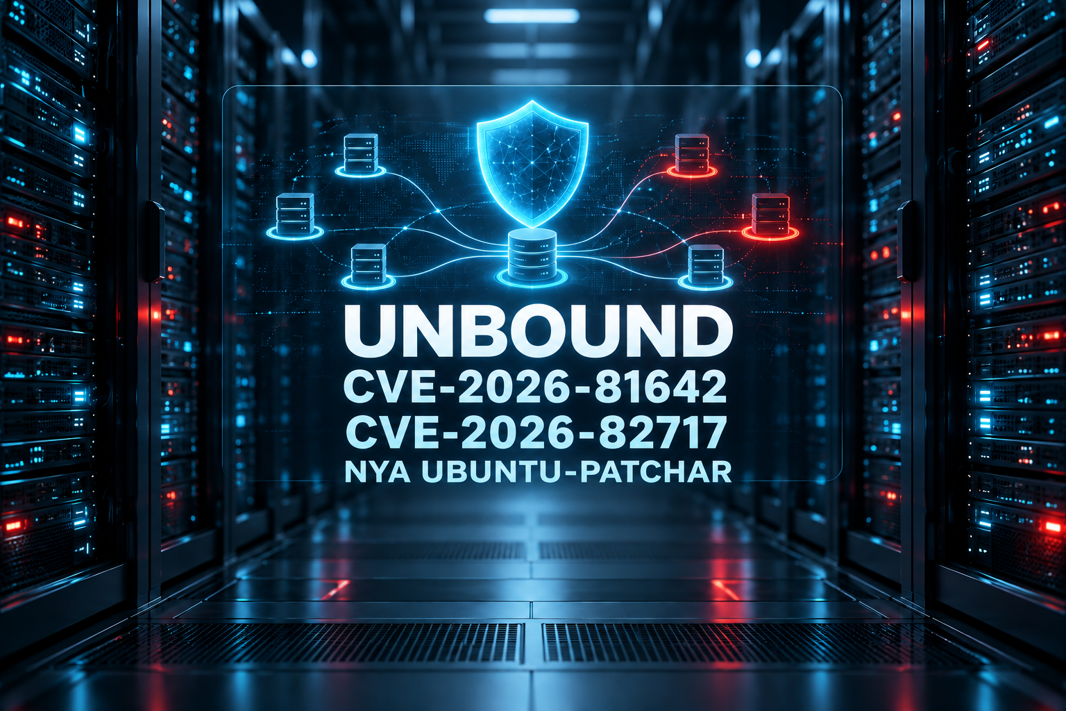 Illustration av DNS-resolver och skydd i ett mörkt datacenter med rubriken Unbound och nya Ubuntu-patchar.