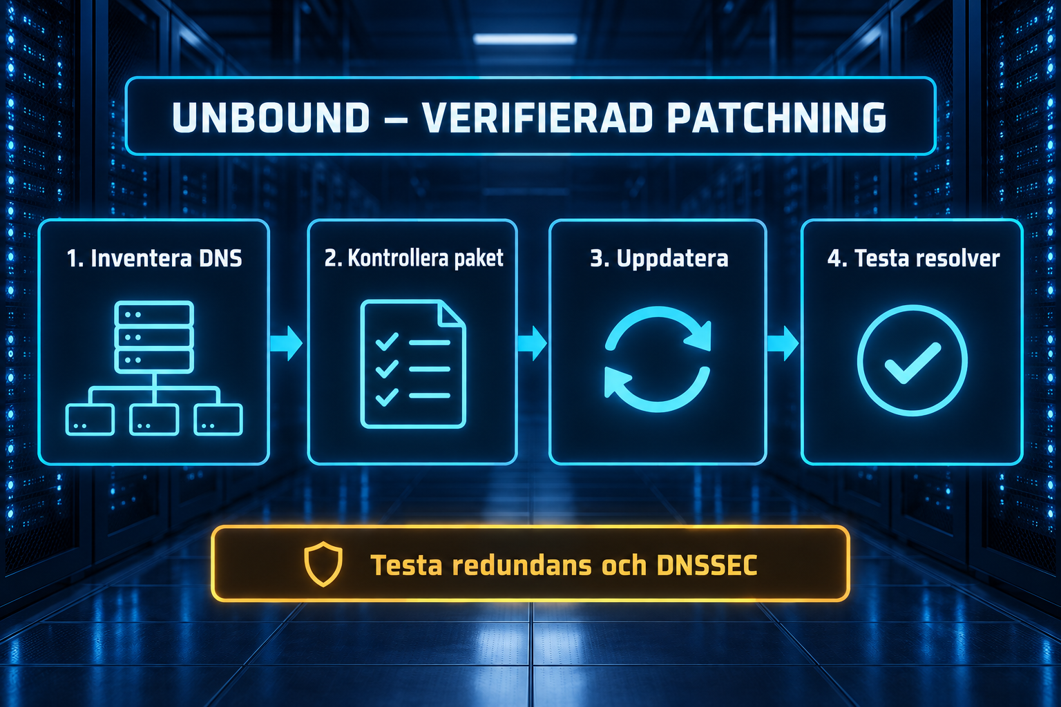 Fyra kontrollpunkter för Unbound: inventera DNS, kontrollera paket, uppdatera och testa resolver. Redundans och DNSSEC ska också provas.