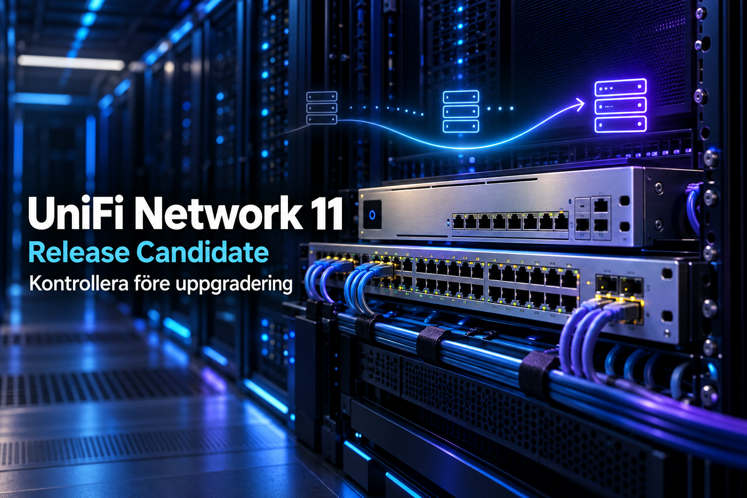 Filmiskt nätverksrack med migrationsmotiv och texten UniFi Network 11, Release Candidate, Kontrollera före uppgradering.