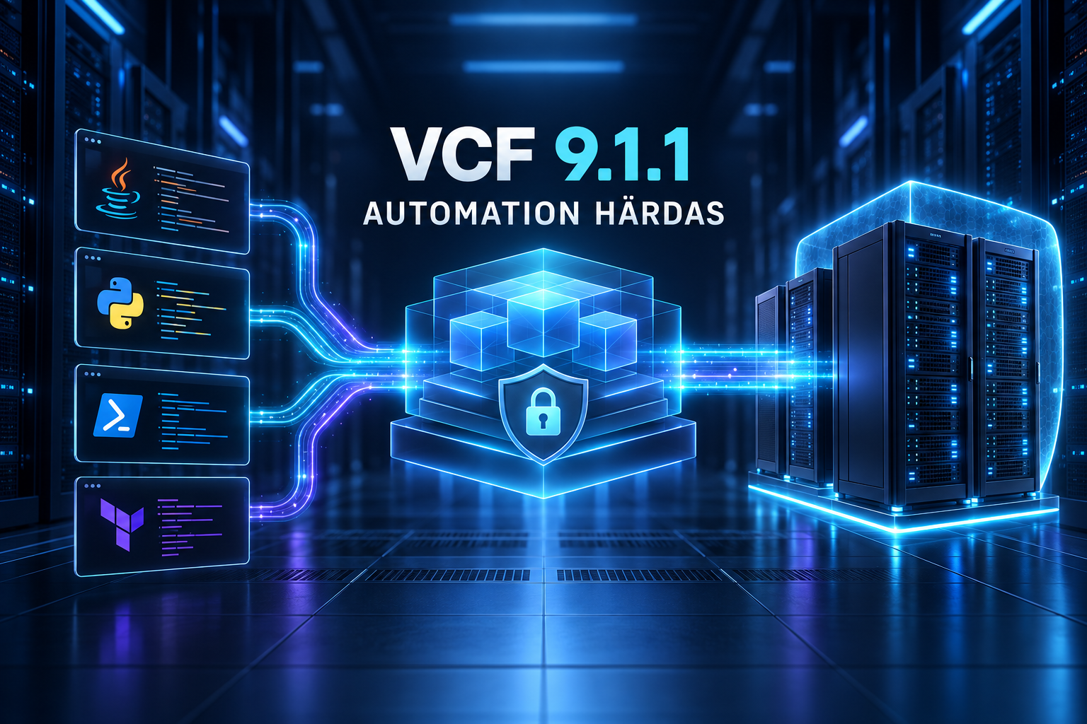 Java-, Python-, PowerShell- och Terraform-baserad automation som passerar en skyddad VCF-plattform till ett serverkluster.