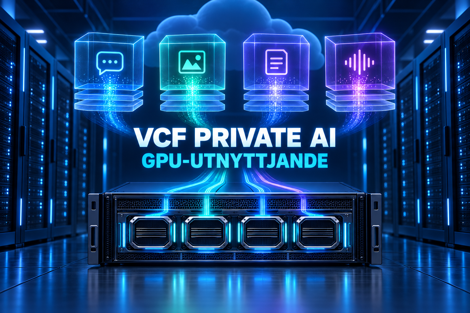 Fyra isolerade AI-arbetslaster samlas genom ett virtualiseringslager på en central GPU-server, med rubriken VCF Private AI och GPU-utnyttjande.