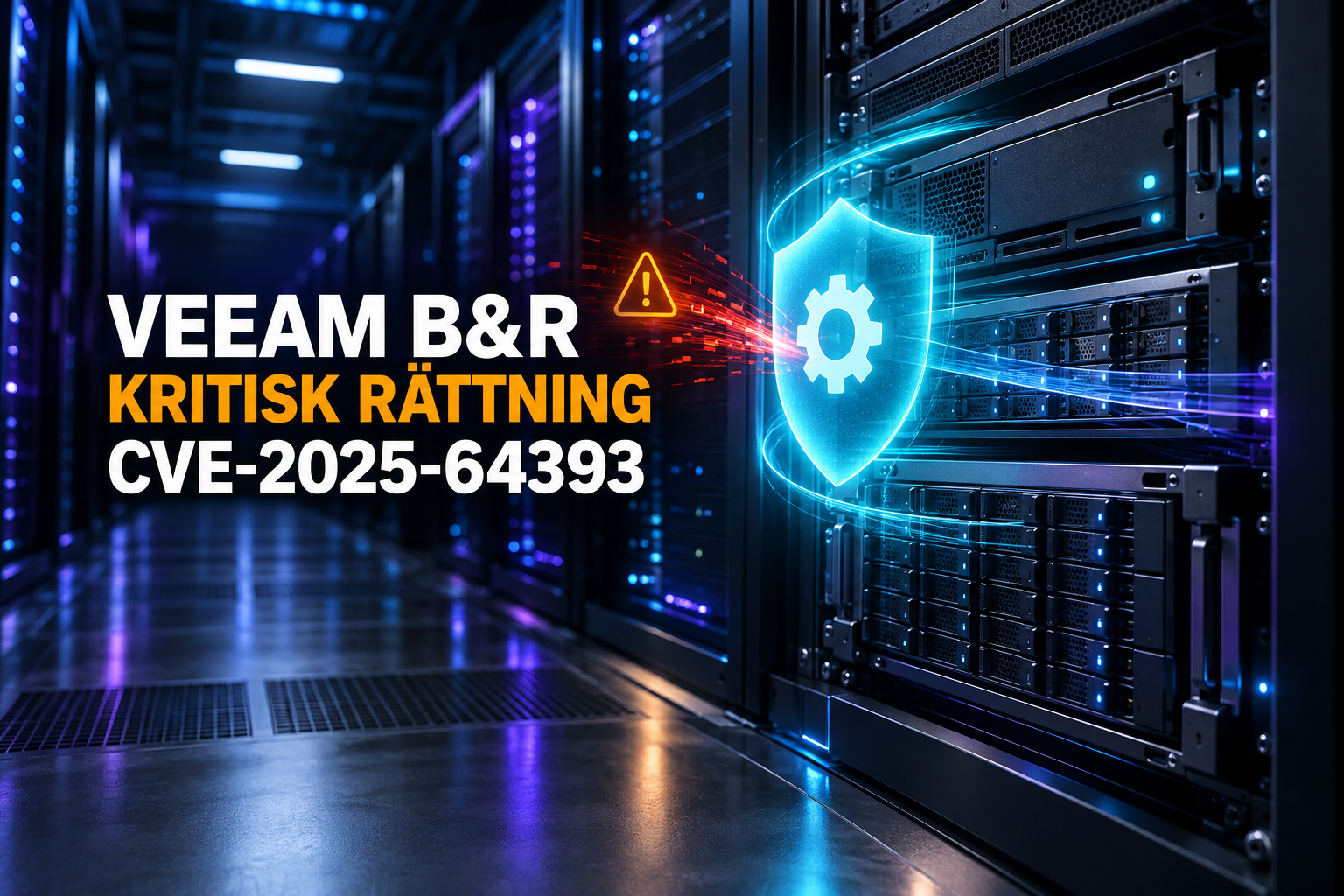 Filmiskt backupdatacenter med skyddssymbol och texten Veeam B&R, kritisk rättning, CVE-2025-64393.