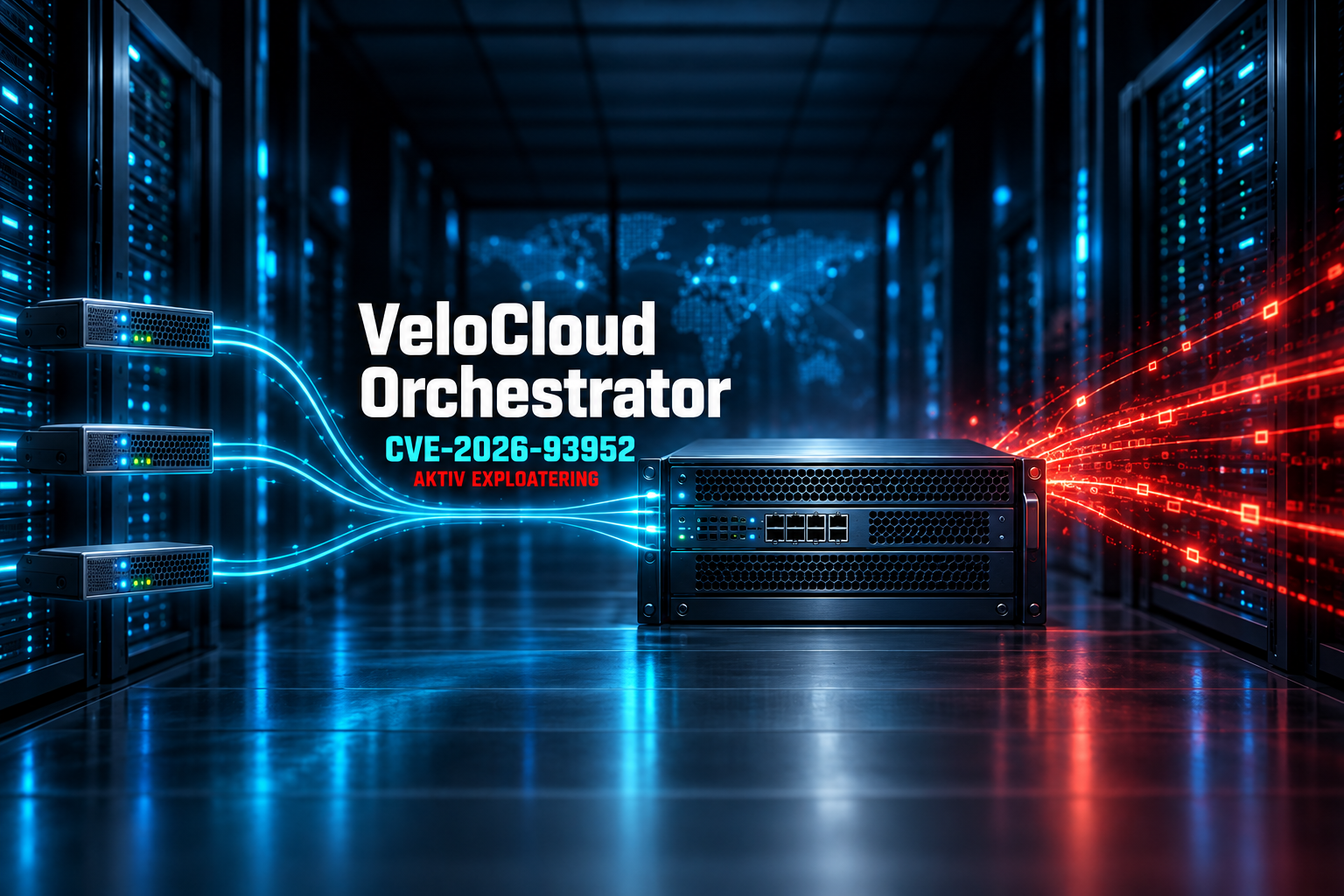 VeloCloud Orchestrator i en mörk datacentermiljö, med cyan anslutningar till Edge-enheter och röd hottrafik mot kontrollplanet. CVE-2026-93952 anges i bilden.
