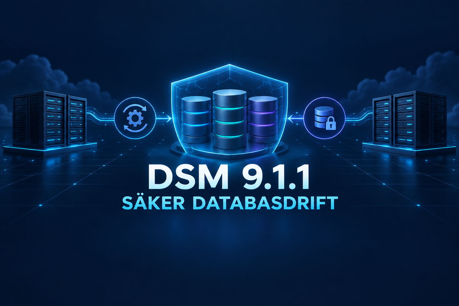 Tre databastjänster kopplas mellan två serverkluster med skydd för nätverksisolering och krypterad backup, med texten DSM 9.1.1 Säker databasdrift.