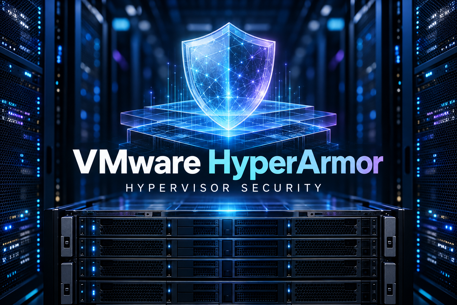 VMware HyperArmor illustrerat som ett skyddslager över serverhårdvara i ett mörkt datacenter.