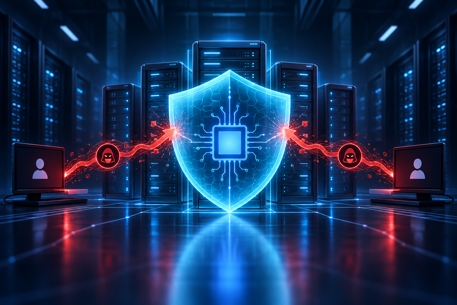 Två röda hotvägar från användardatorer stoppas av en central blå patchsköld framför Windows-servrar i ett mörkt datacenter.
