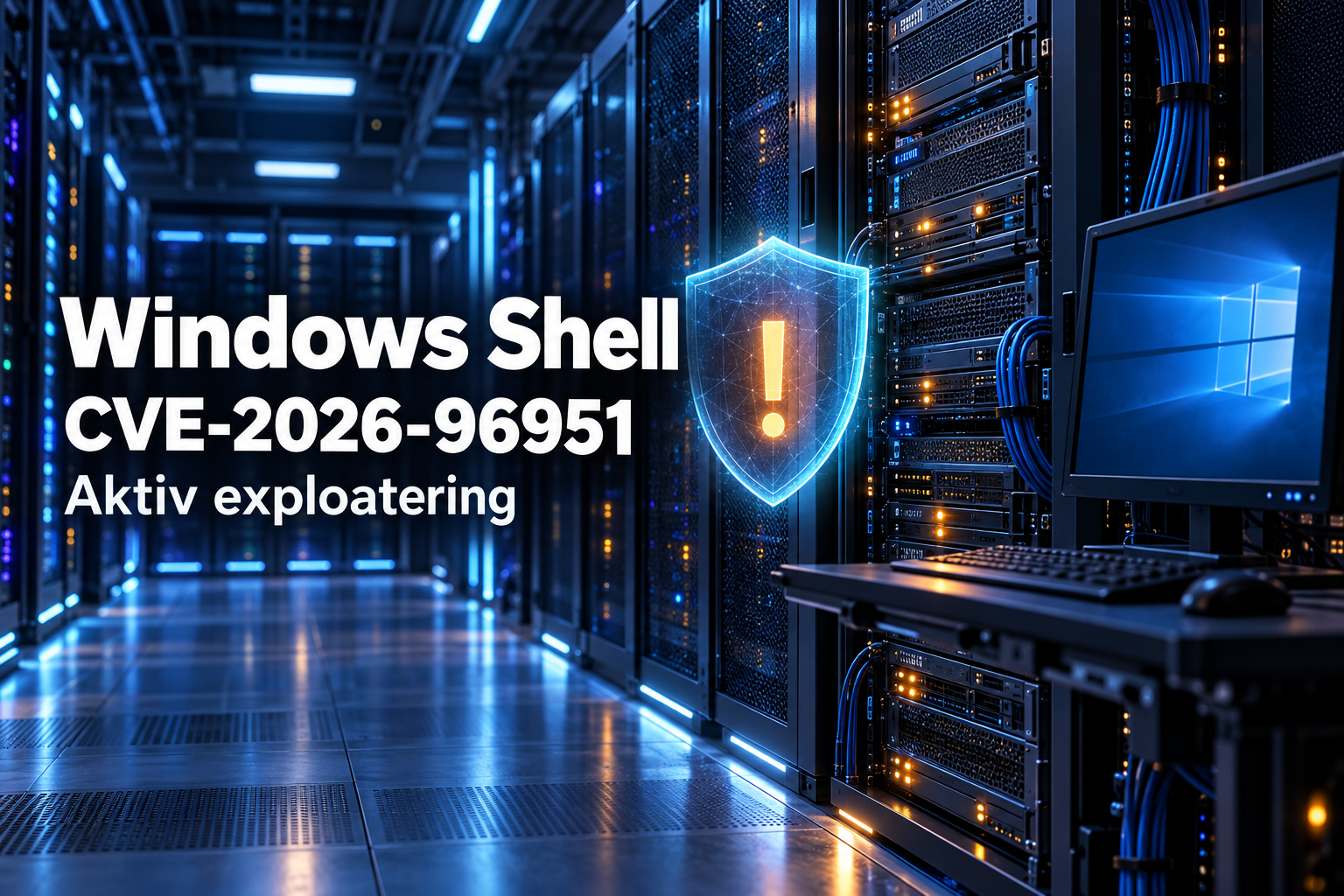 Filmiskt Windows-datacentermotiv med skyddssymbol och texten Windows Shell, CVE-2026-96951, Aktiv exploatering.