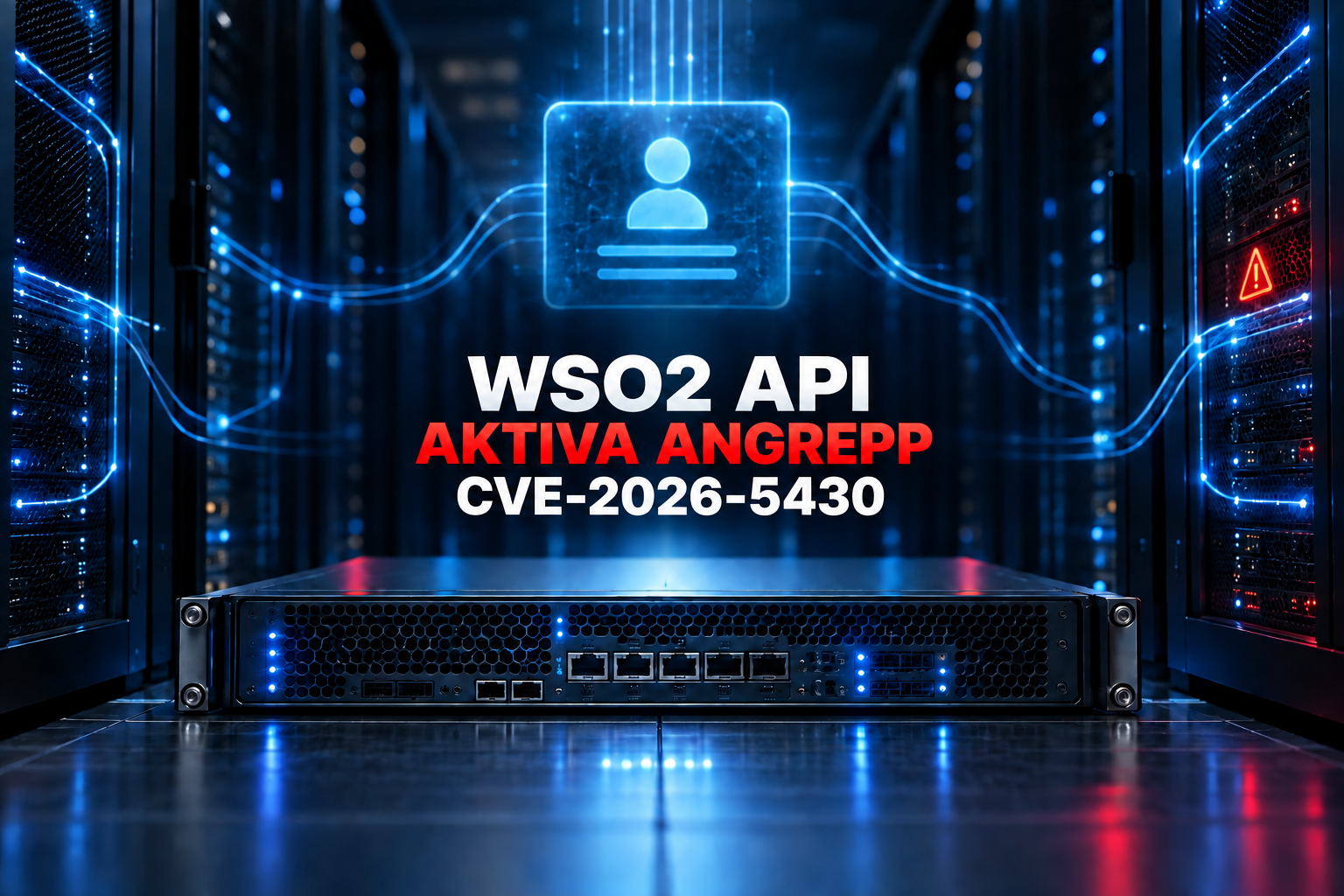 Mörkt datacenter med API-gateway, lysande identitetssymbol och text om aktiva angrepp mot WSO2 CVE-2026-5430.
