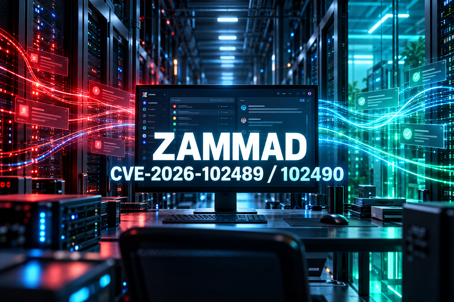 Zammad på en skärm i mörkt datacenter, med röda riskflöden och cyanblå skyddsflöden samt CVE-numren.