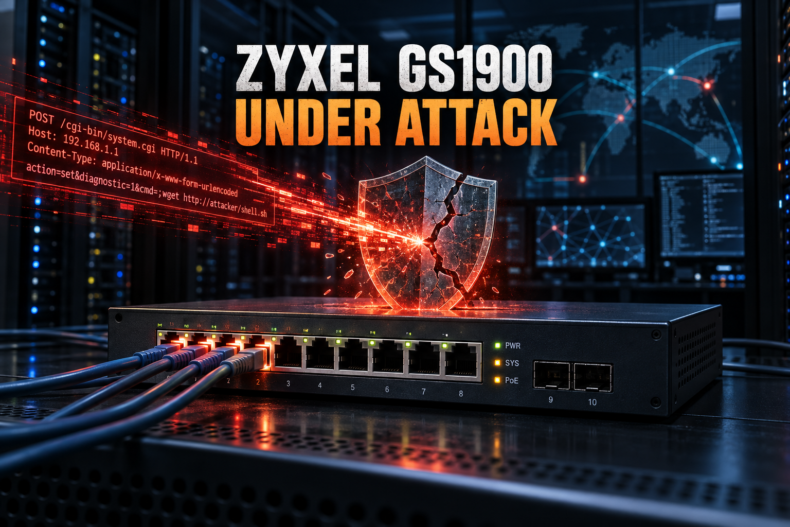 Huvudbild med en nätverksswitch under ett skadligt HTTP-anrop och rubriken Zyxel GS1900 under attack.