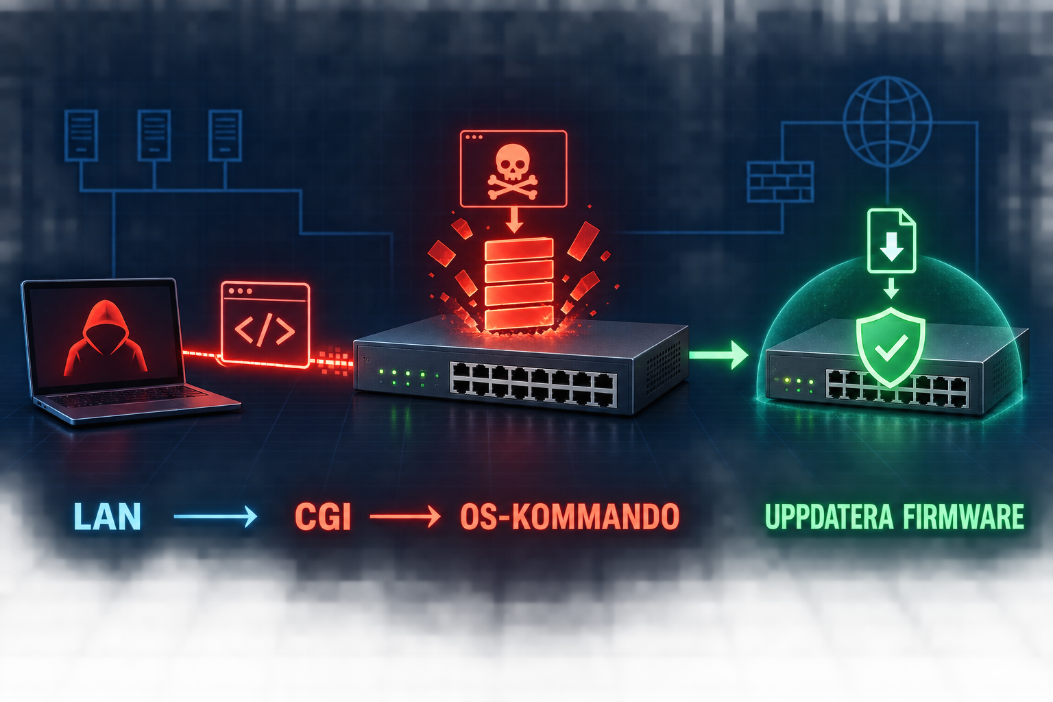 Diagram där en angripare på LAN skickar ett CGI-anrop till en switch, når OS-kommandon och stoppas genom firmwareuppdatering.
